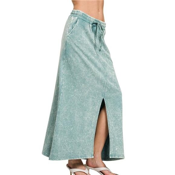 Zenana French Terry Acid Washed Front Slit Long Skirts - Picture 2 of 3